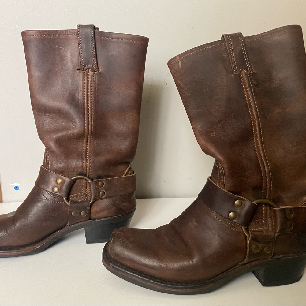 Brown Frye Harness boots, women’s size 6 1/2.